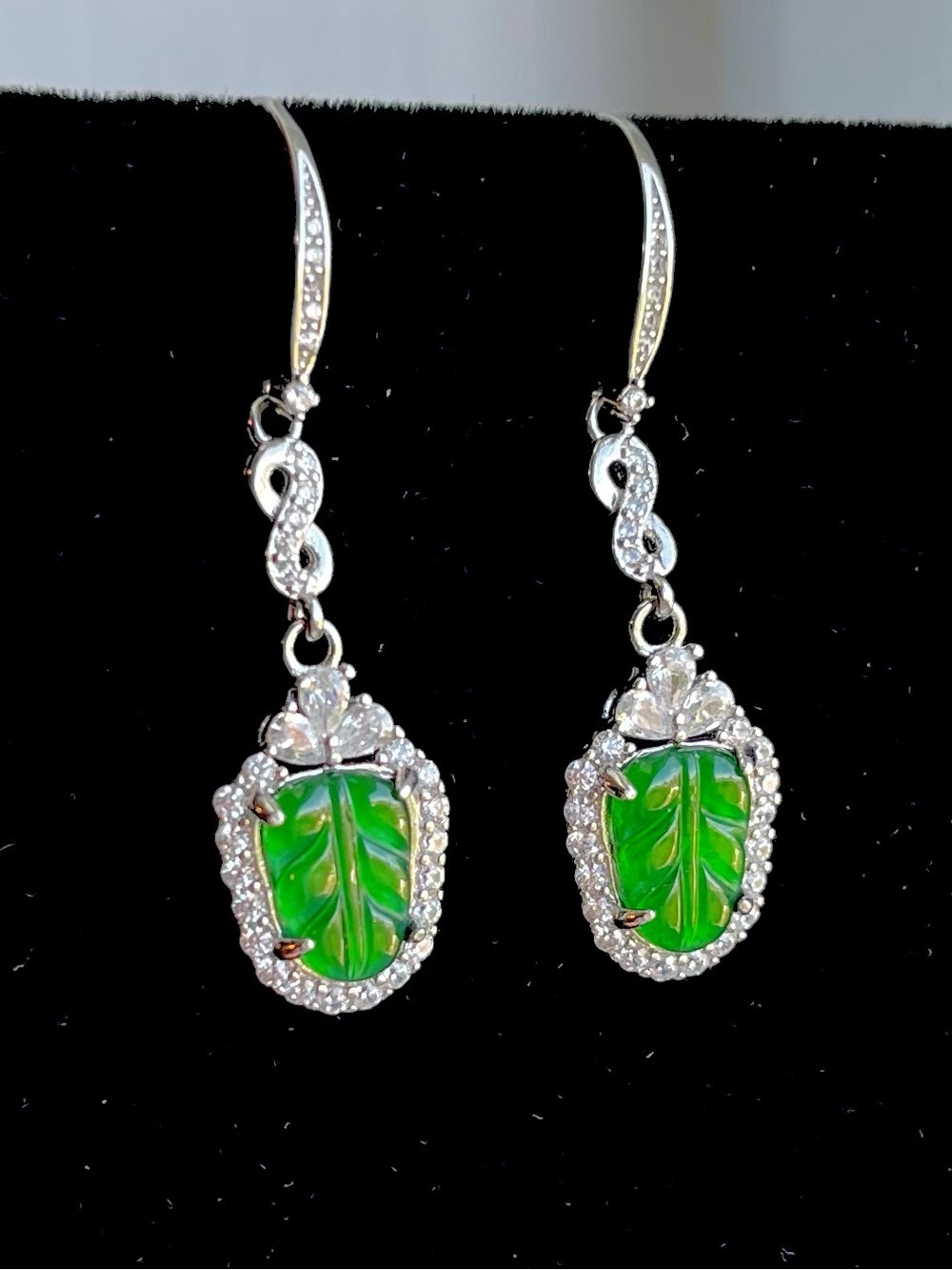 Lab Created Emerald Carved Leaf Dangle Earrings with 925 Sterling Silver Hooks